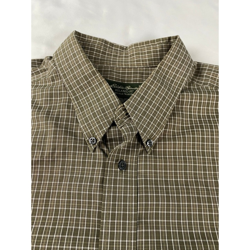 Eddie Bauer Button Down Shirt Mens XL Tall Olive Green Ex Grid Relaxed Fit